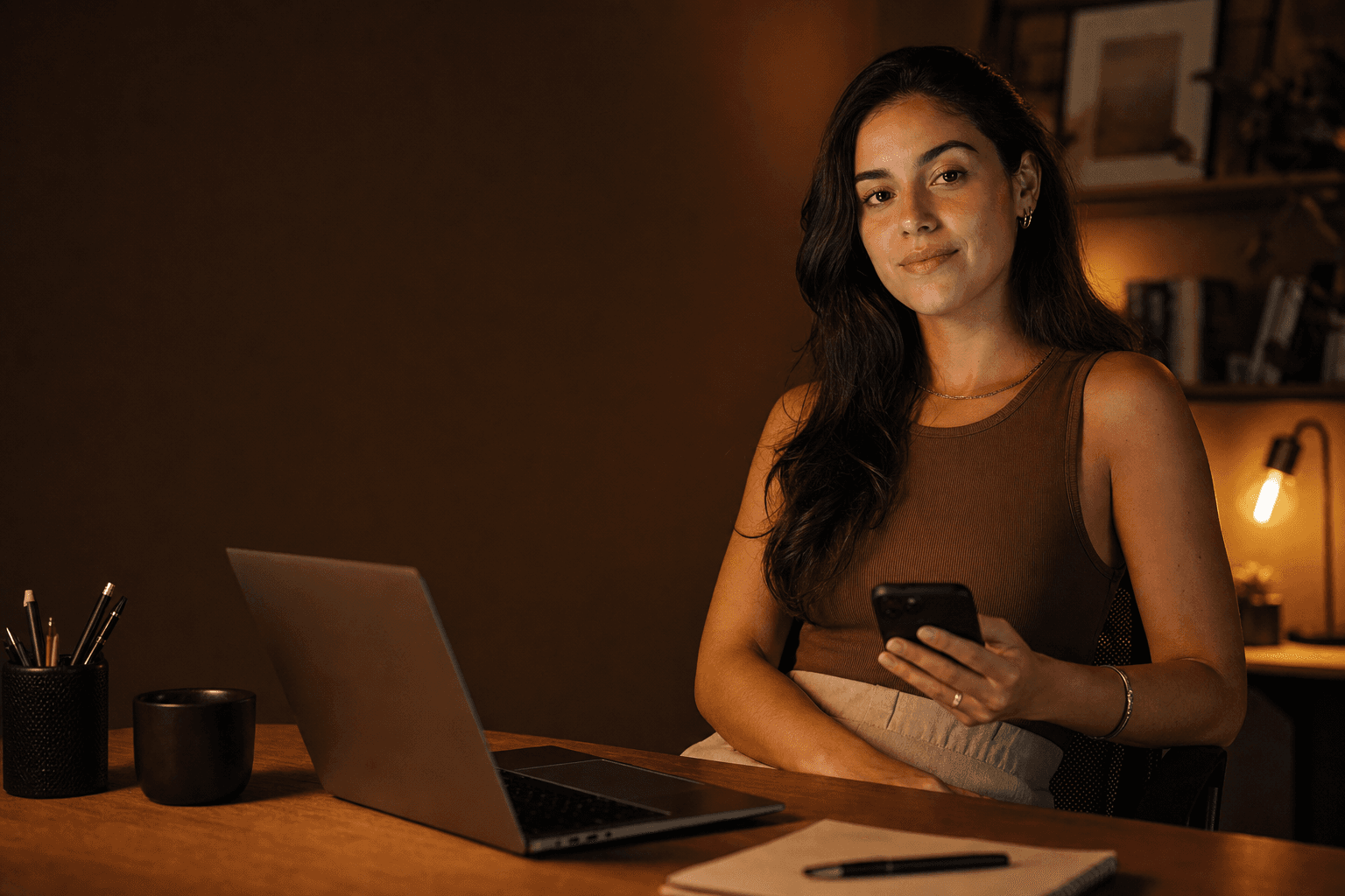 Criadora de conteúdo trabalhando com celular e notebook em seu espaço de casa